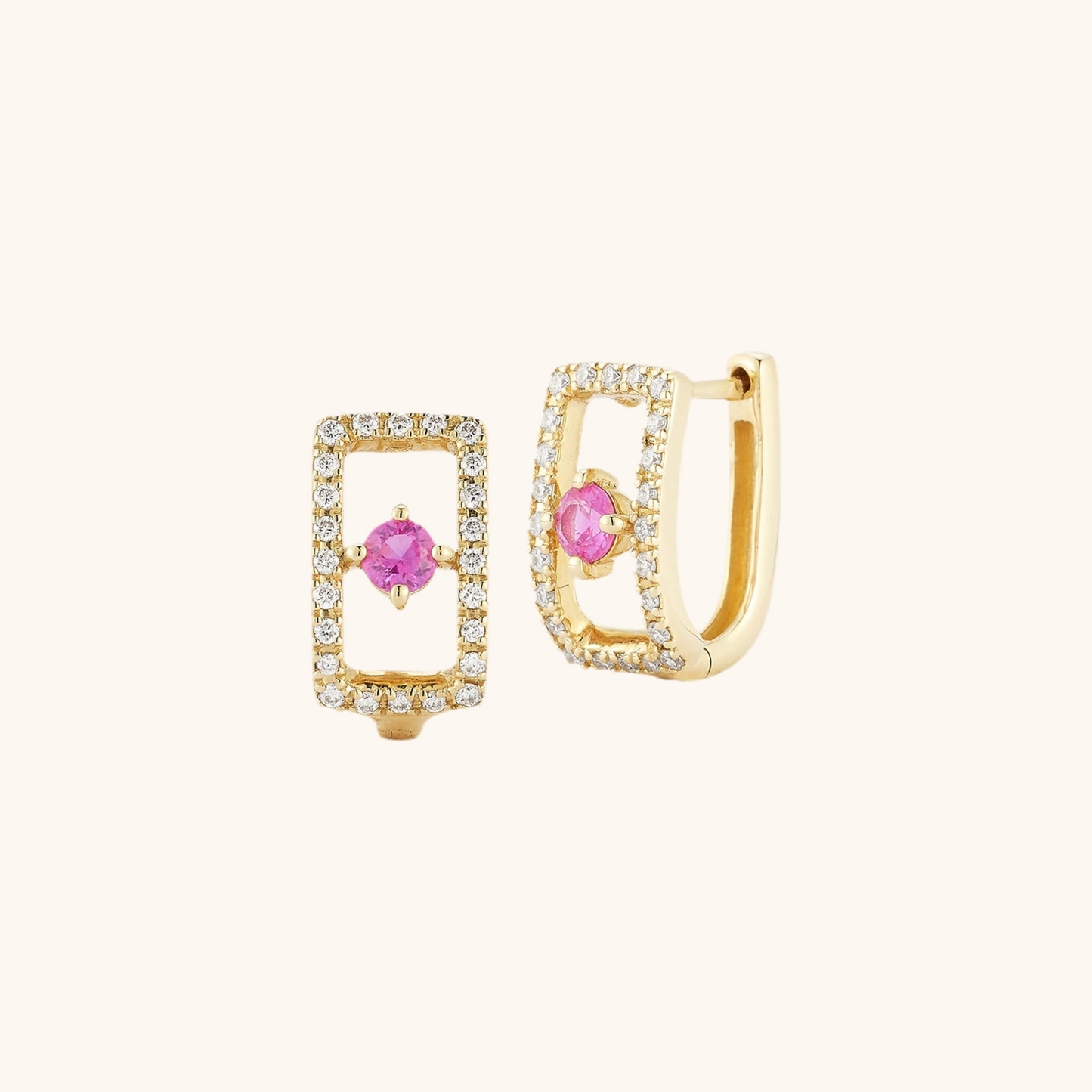Diamond Rectangle Shape Huggie Earrings with Pink Sapphire Center
