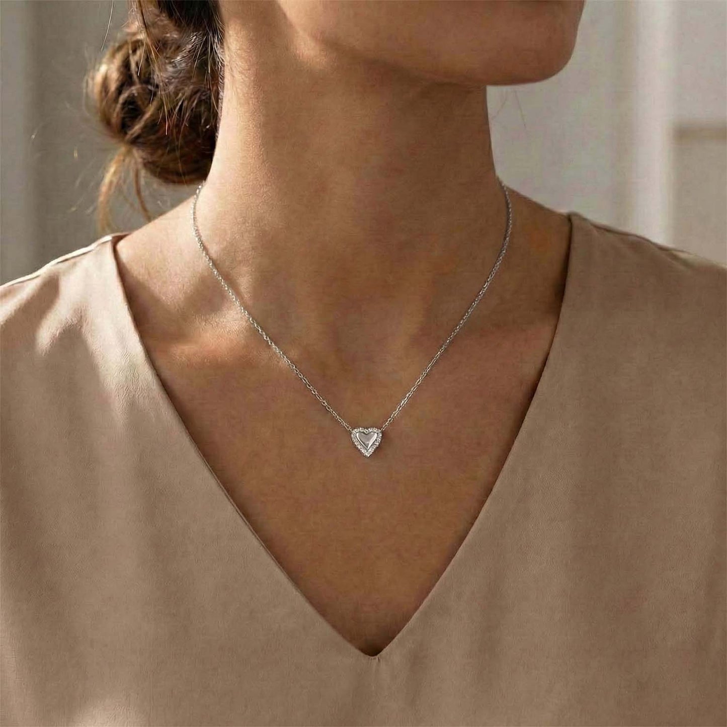 Round Diamond Heart Necklace, 0.10Ct Sterling Silver Love Necklace, Minimal Heart Charm Pendant For Your Loved One, Girlfriend Gift