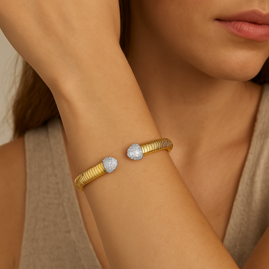 Gold Thick Bangle with Diamond End Caps 14K