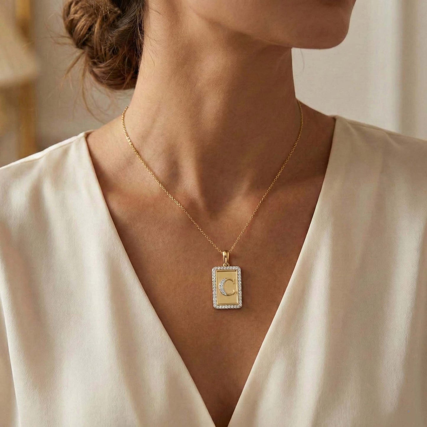 Elegant Ladies 0.20Ct Round Diamond “C Alphabet Fashion Pendant With Chain – 10K Yellow Gold