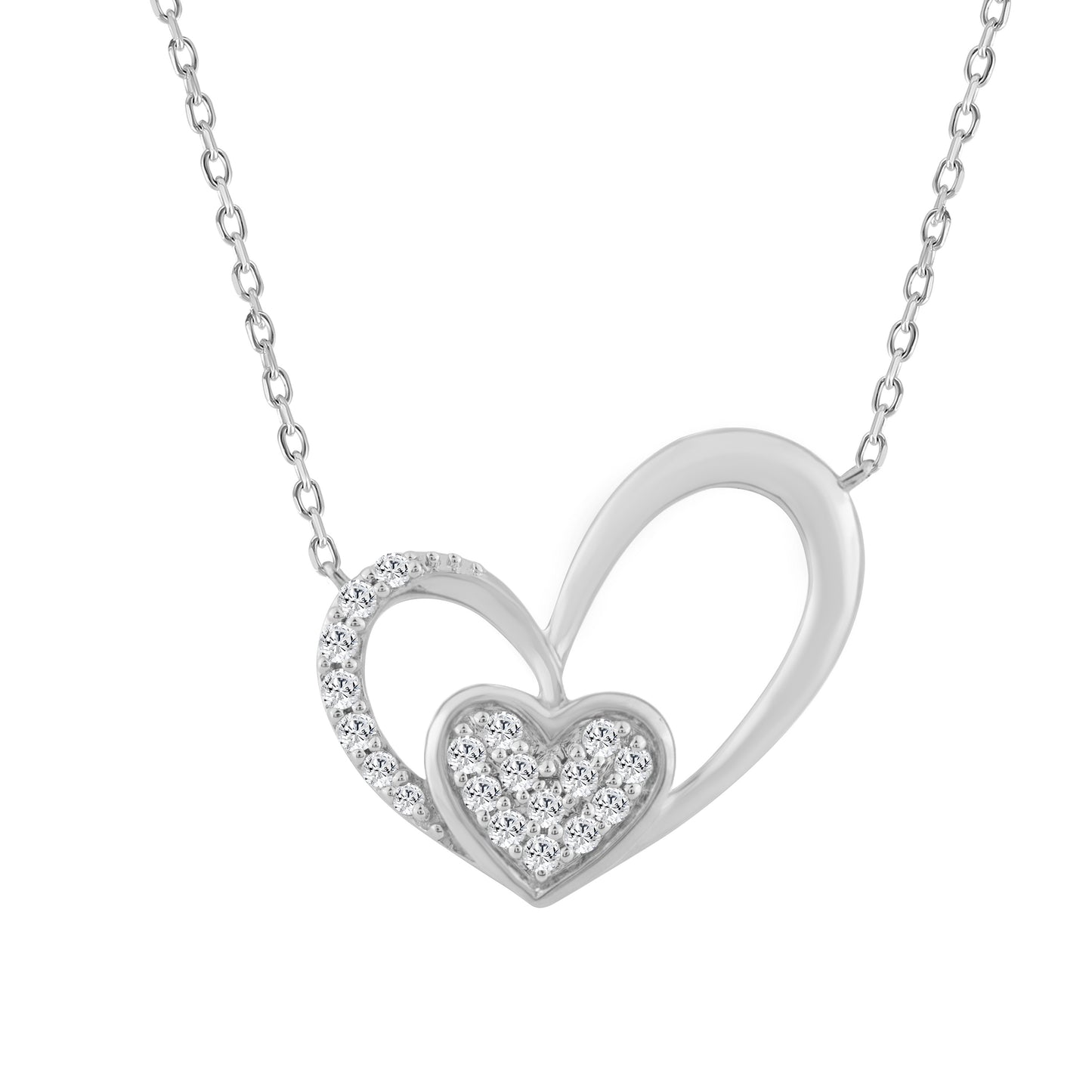 10K WHITE GOLD DOUBLE HEART DIAMOND PENDANT WITH CHAIN 0.15CT ROUND DIAMOND LADIES JEWELRY