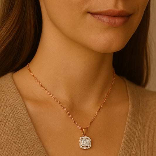Rose Gold Chain Diamond Cushion Pendant 14K