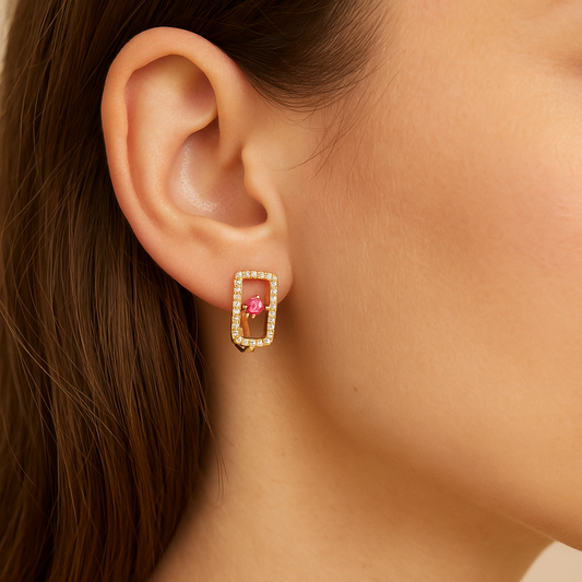 Diamond Rectangle Shape Huggie Earrings with Pink Sapphire Center
