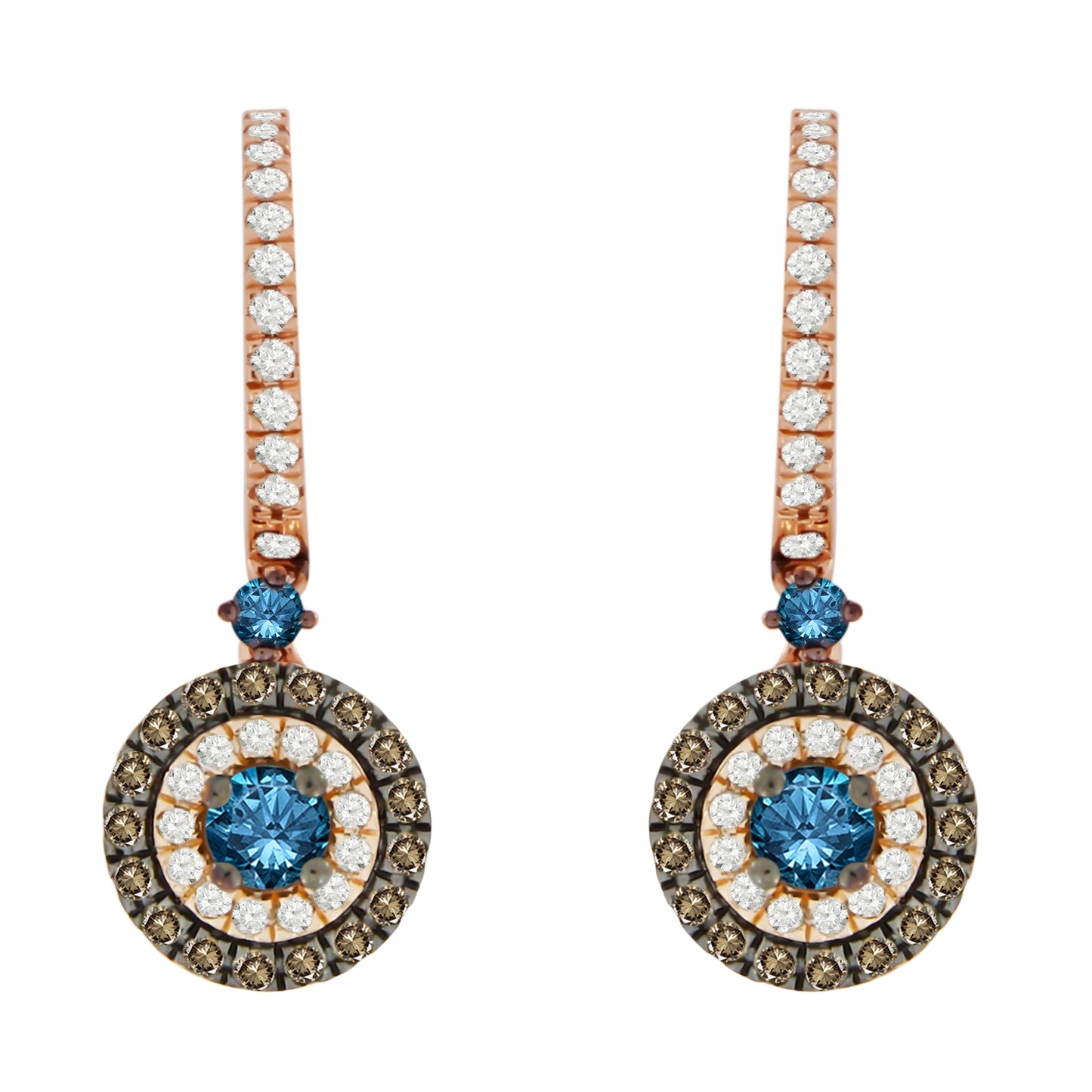 LADIES EARRINGS 1.00CT BLUE SAPPHIRE ROUND/DARK BROWN DIAMOND 14K ROSE GOLD