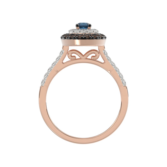 LADIES RING 0.55CT ROUND/ROUND BLUE/DARK BROWN DIAMOND 14K ROSE GOLD