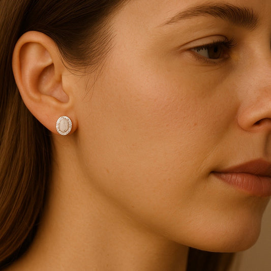 White Gold Diamond Opal Oval Studs 14K