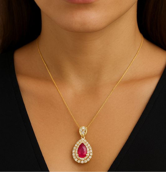 Yellow Gold Diamond & Ruby Pear Necklace 14K