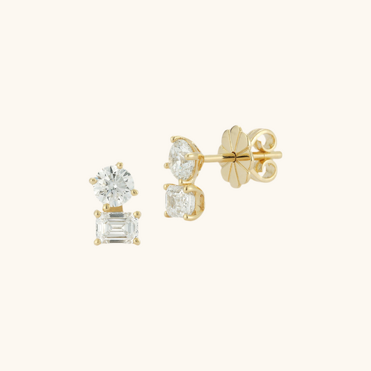 Yellow Gold Two Stone Diamond Stud Earrings 14K