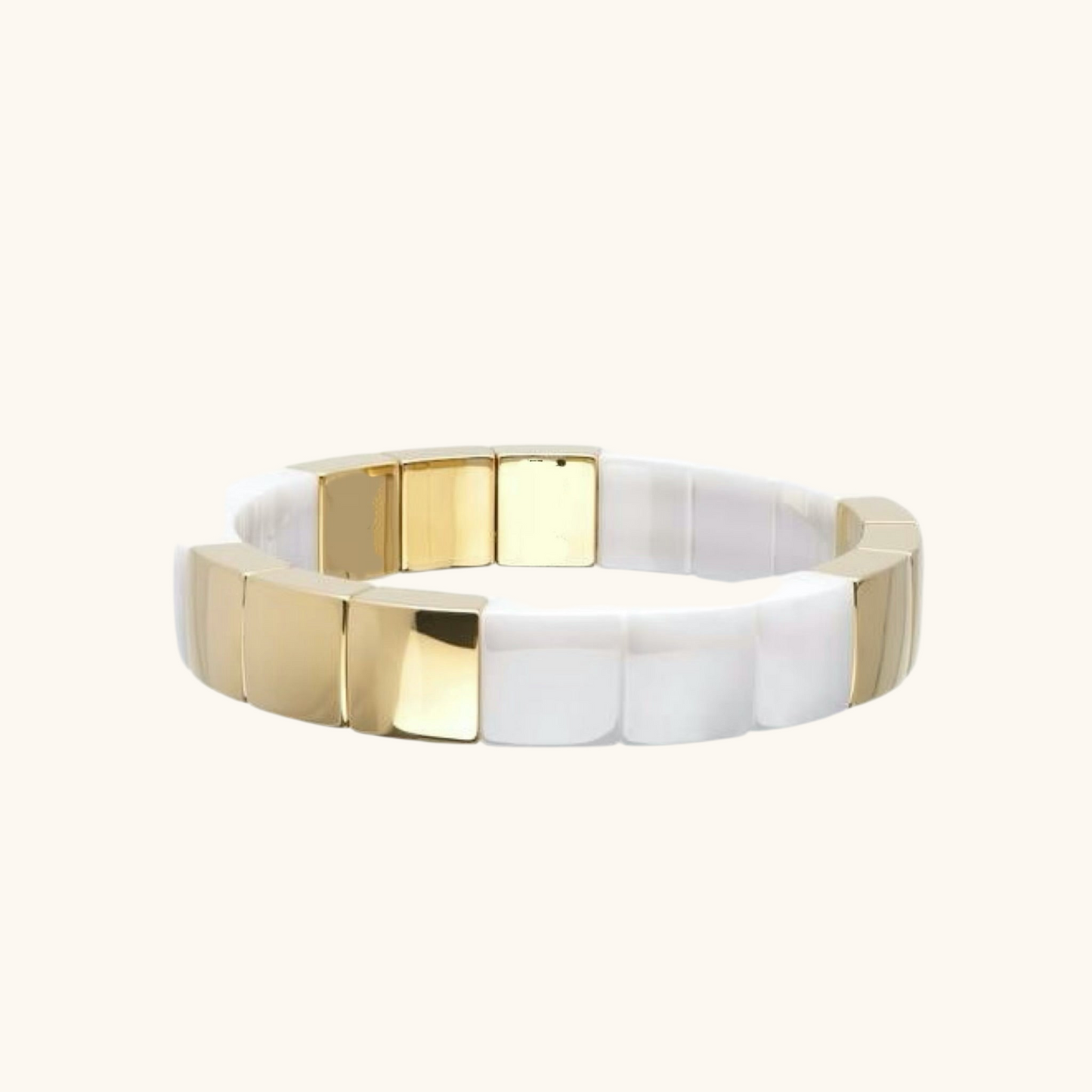 18K Yellow Gold Overlay and White Ceramic Square Stretch Bracelet