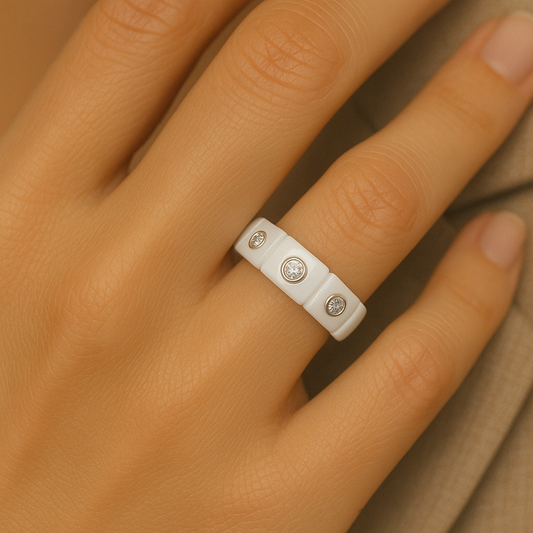 White Ceramic Ring with 3 Bezel Diamonds 18K