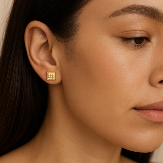 Yellow Gold Diamond Square Earrings 14K