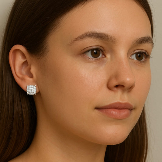 White Gold Diamond Cushion Earrings 14K