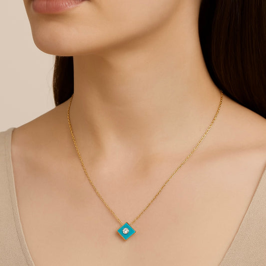 Turquoise Enamel with One Diamond Bezel Necklace