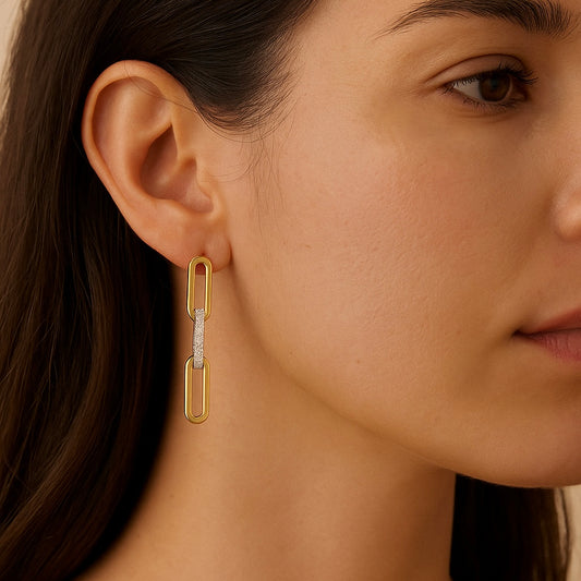 Paperclip Drop Link Diamond Earrings 14K