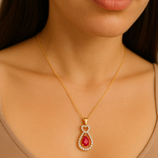 Yellow Gold & Ruby Pear And Heart Pendant With Chain 14K
