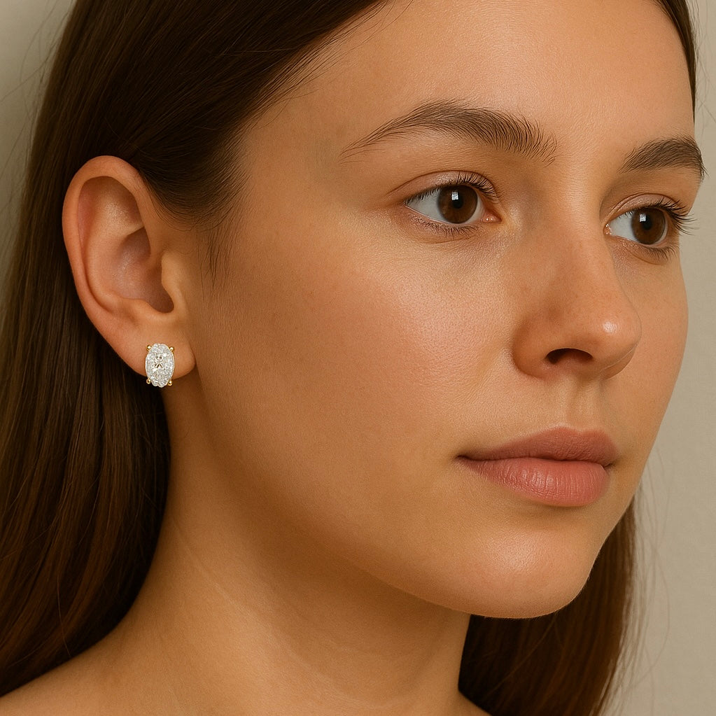 Yellow Gold Diamond Oval Earrings 14K