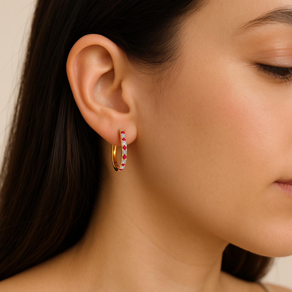 Yellow Gold & Ruby Classic Diamond Hoops 14K