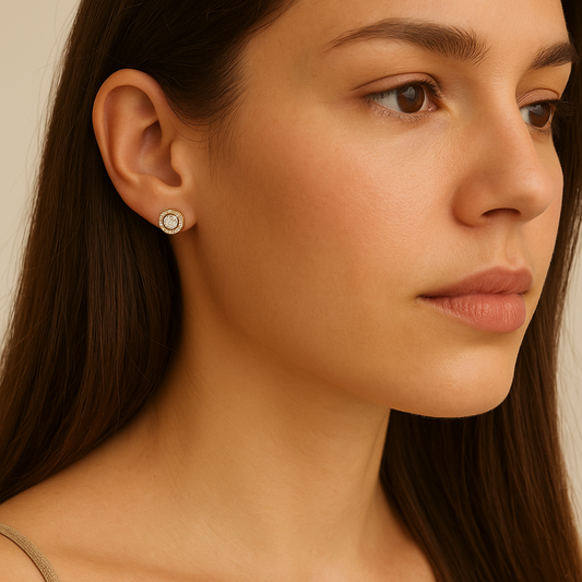 Halo Bezel Diamond Stud Earrings 14K