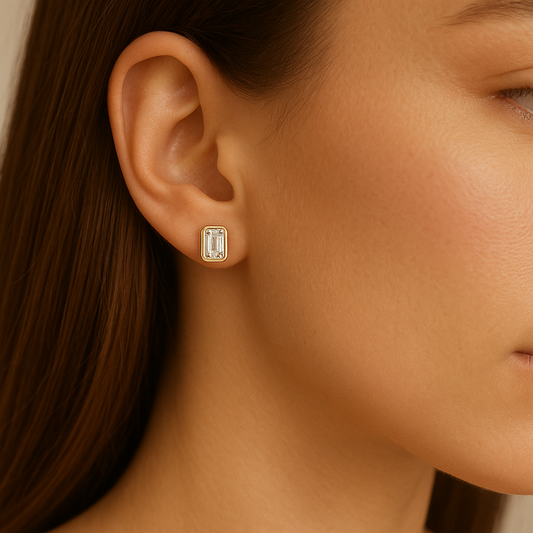 Emerald Cut Flat Rim Bezel Earrings 14K