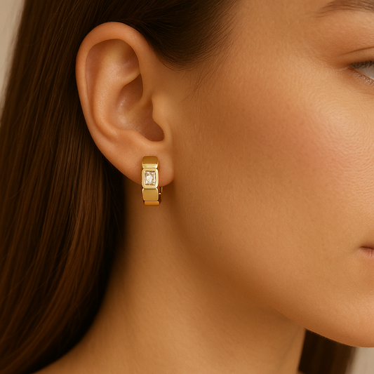 Yellow Gold Emerald Diamond Huggies 14K