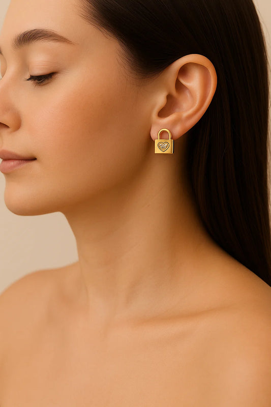 Yellow Gold Diamond Heart Padlock Earrings 14K