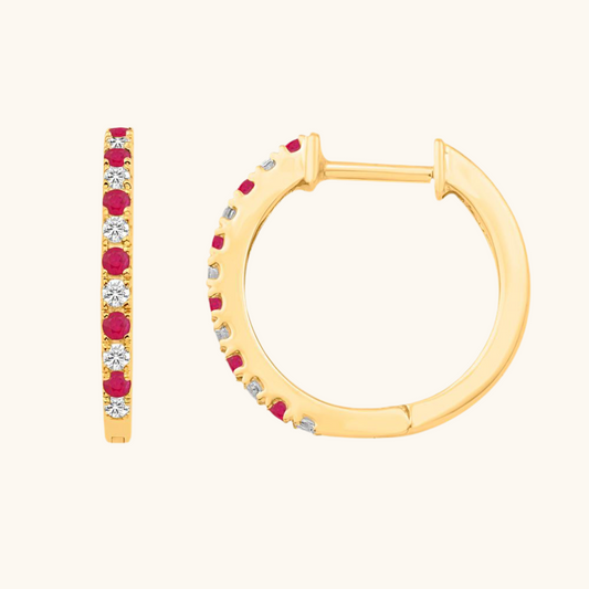 Yellow Gold & Ruby Classic Diamond Hoops 14K