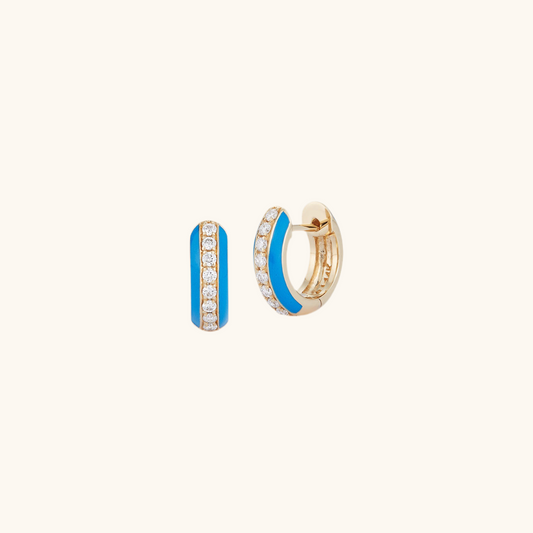 Blue Enamel and 1/2 Way Around Diamond Huggie Earrings
