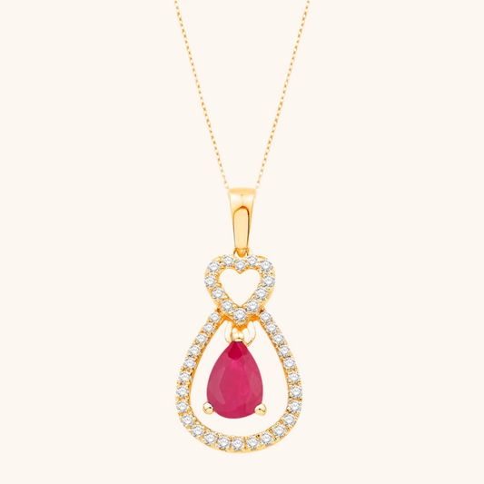 Yellow Gold & Ruby Pear And Heart Pendant With Chain 14K