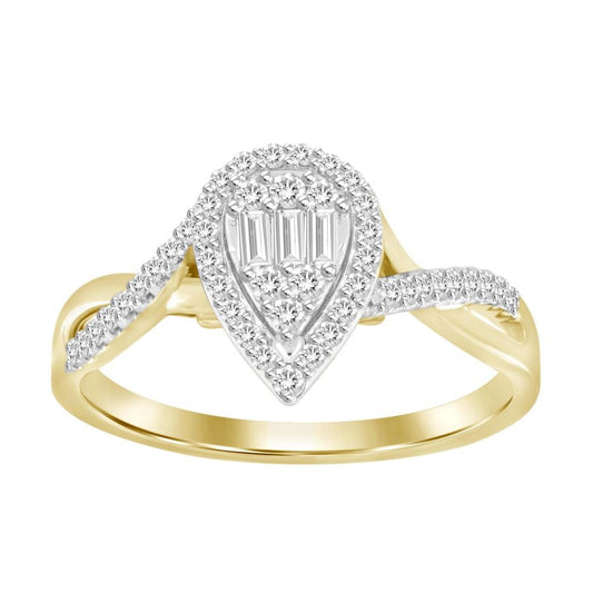 LADIES RING 0.25CT ROUND/BAGUETTE DIAMOND 10K YELLOW GOLD