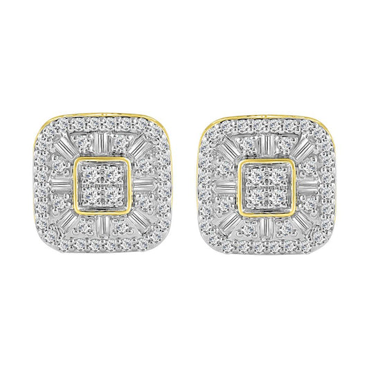 LADIES STUD EARRINGS 1.00CT ROUND/BAGUETTE DIAMOND 10K YELLOW GOLD