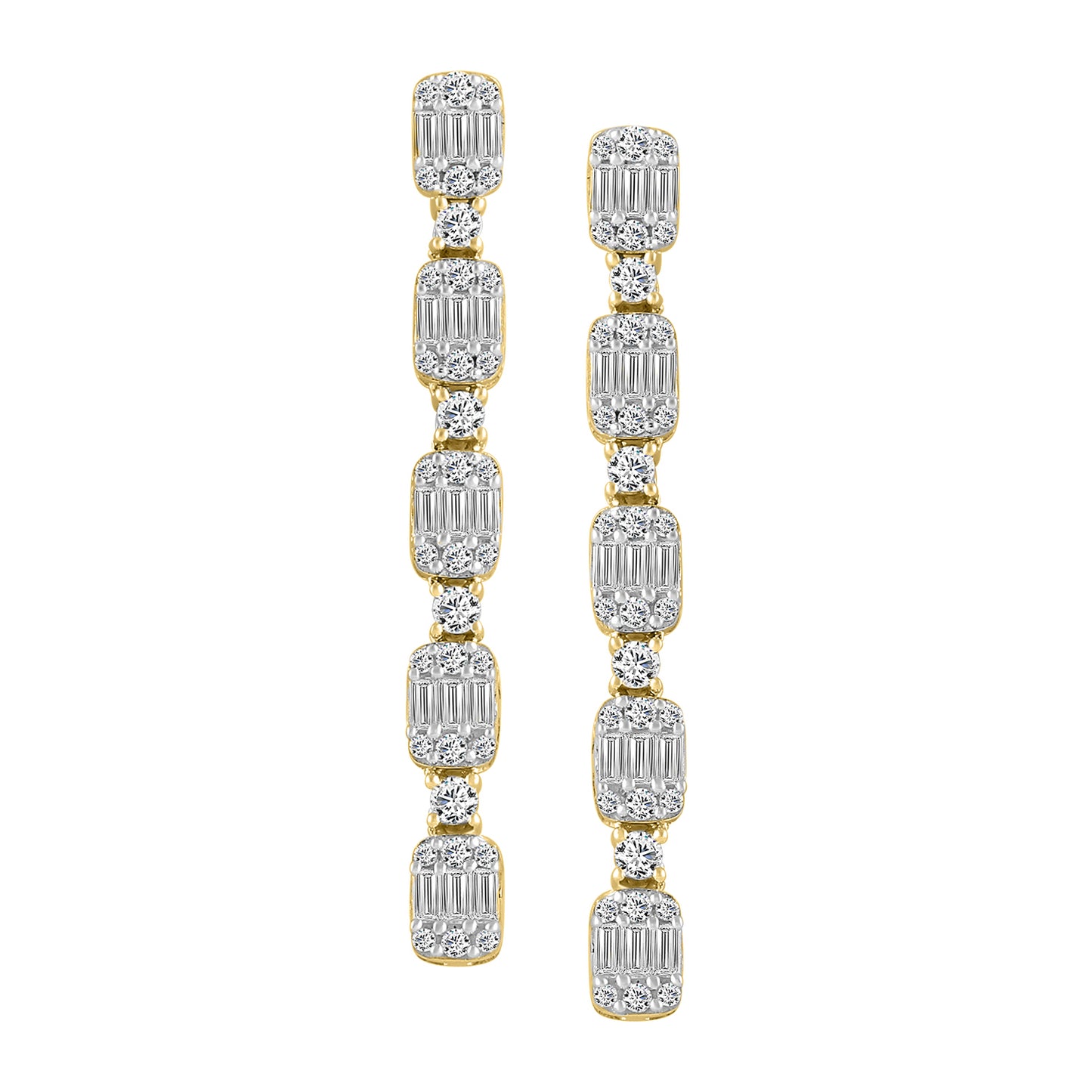 LADIES LINEAR EARRINGS 1.00CT ROUND/BAGUETTE DIAMOND 14K YELLOW GOLD
