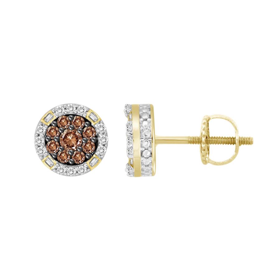 LADIES EARRINGS 0.50CT ROUND/BAGUETTE DIAMOND 10K YELLOW GOLD