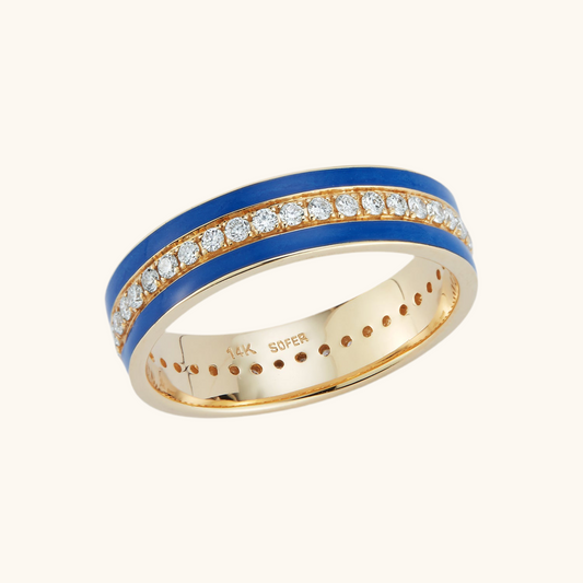 Yellow Gold Navy & Diamond Eternity Band 14K