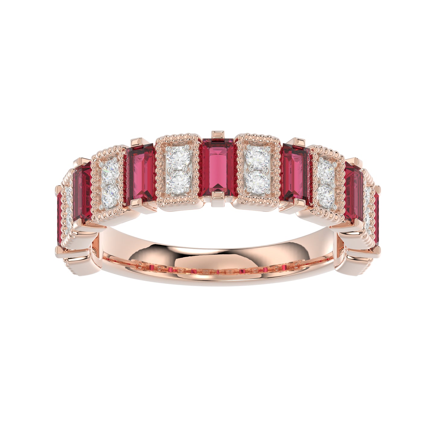LADIES BAND 1.30CT ROUND/BAGUETTE RUBY DIAMOND 14K ROSE GOLD