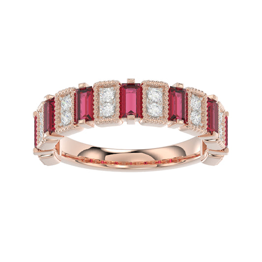 LADIES BAND 1.30CT ROUND/BAGUETTE RUBY DIAMOND 14K ROSE GOLD