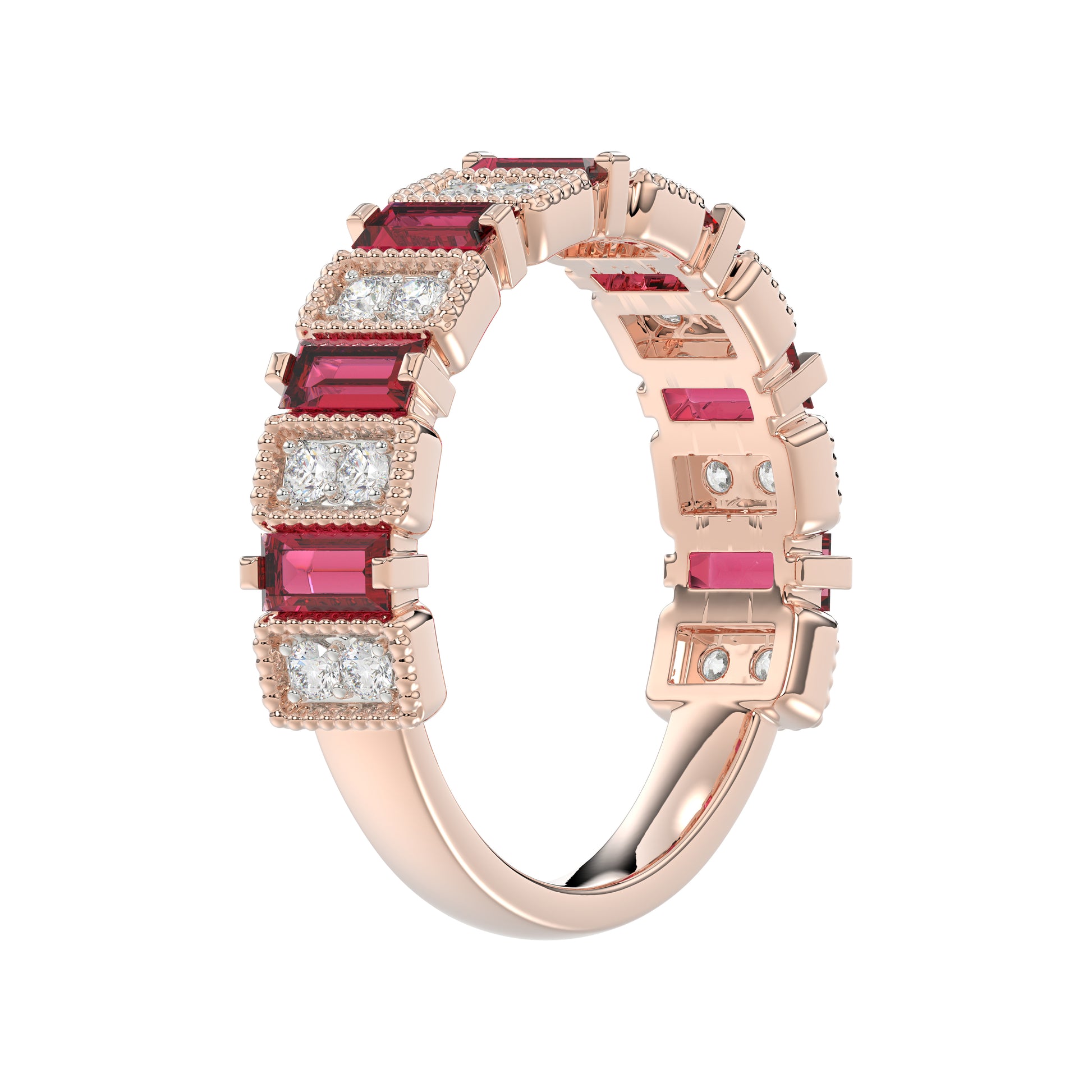LADIES BAND 1.30CT ROUND/BAGUETTE RUBY DIAMOND 14K ROSE GOLD