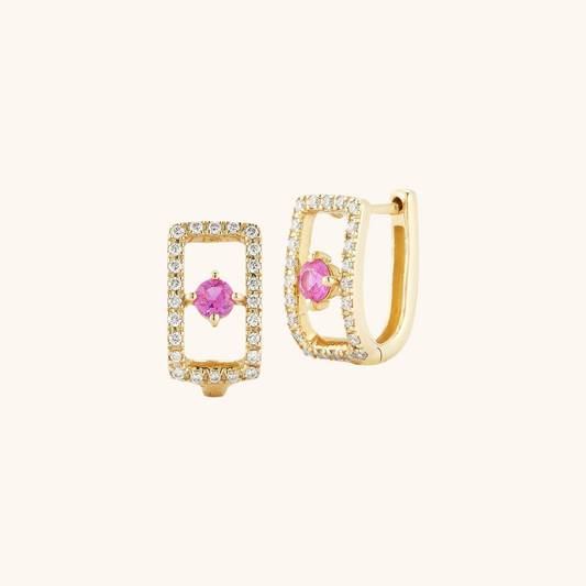 Diamond Rectangle Shape Huggie Earrings with Pink Sapphire Center
