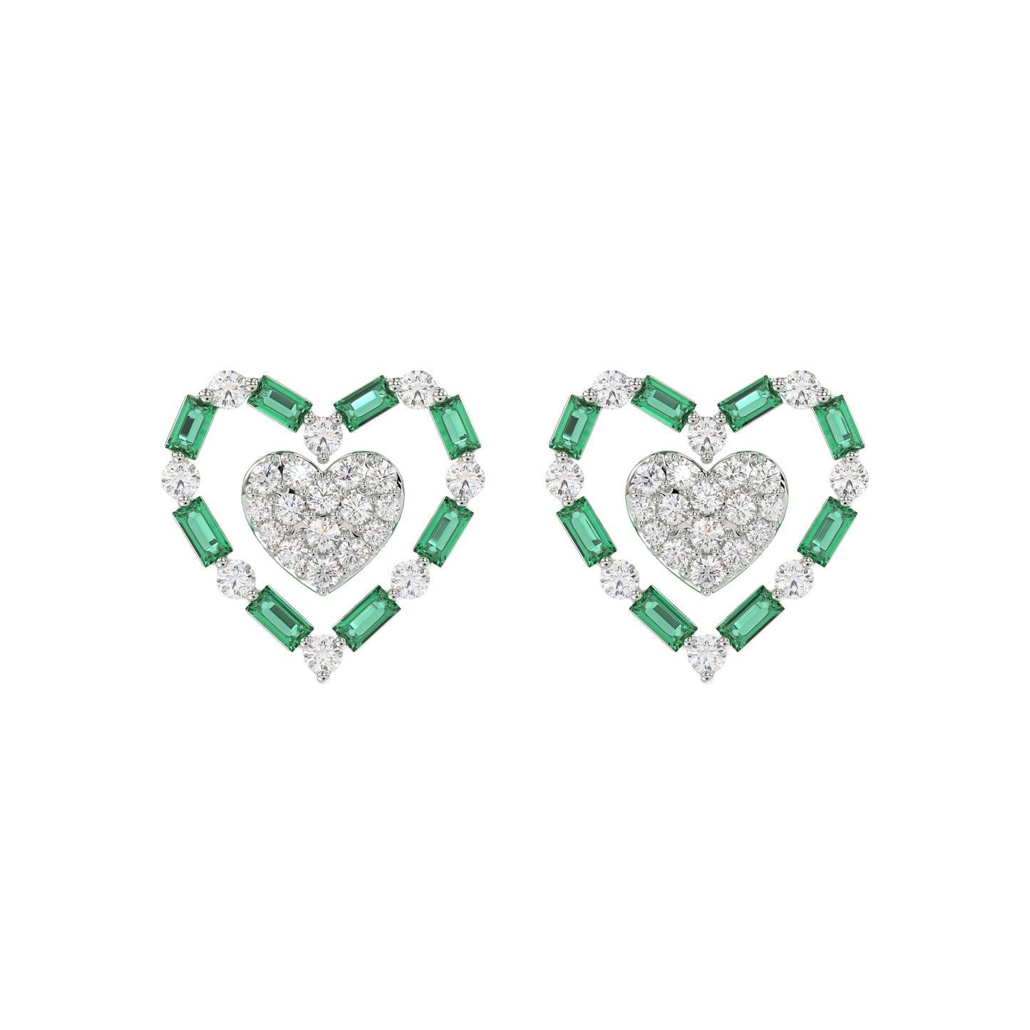 LADIES EARRING 0.50CT ROUND/GREEN EMERALD BAGUETTE DIAMOND 14K YELLOW GOLD (GREEN EMERALD BAGUETTE 0.32CT)