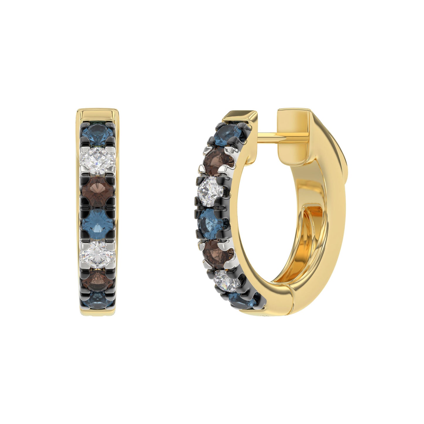 14K Yellow Gold 0.50CT Multi-Color Diamond Huggie Hoop Earrings Round Cut Blue, White Round &Dark  Brown Diamonds