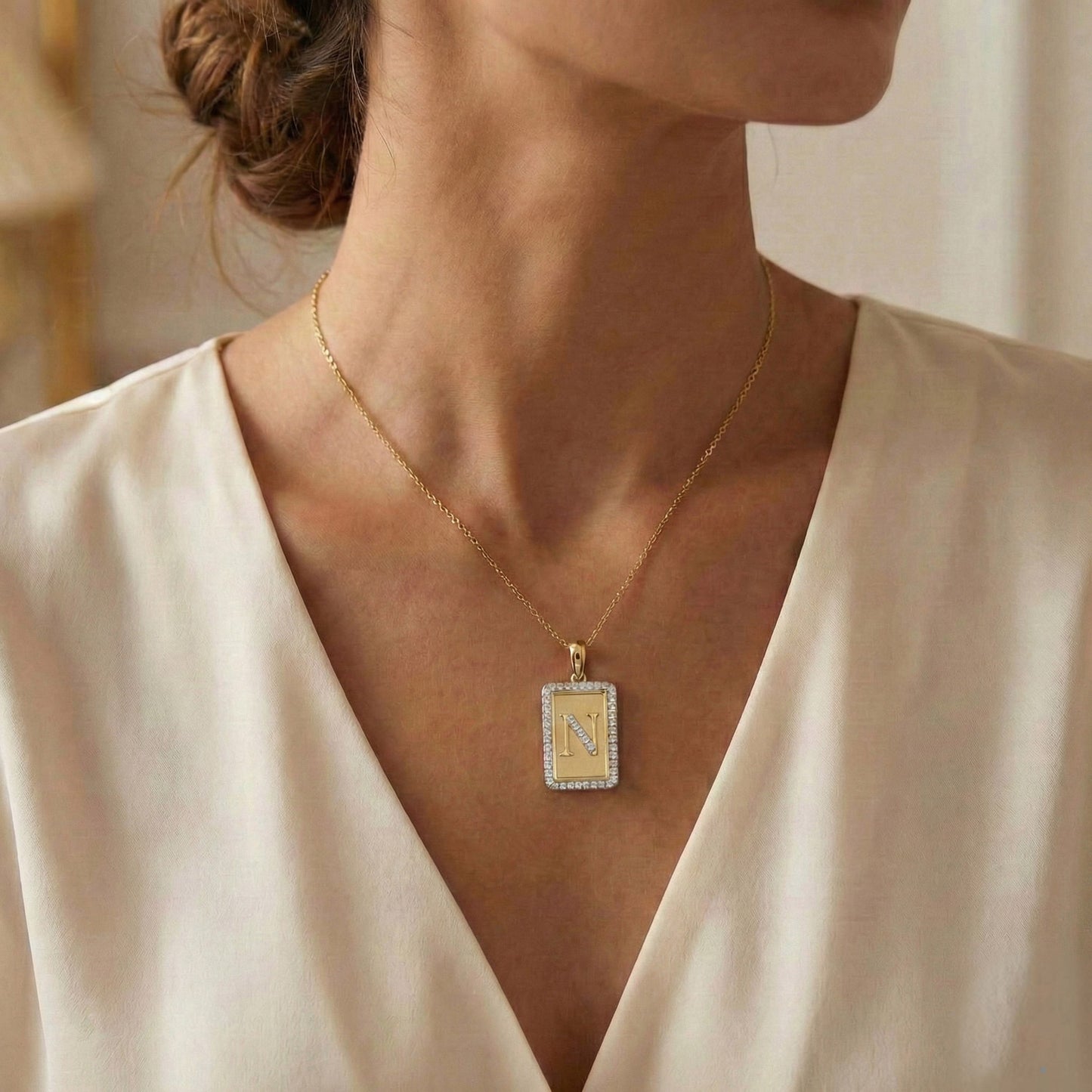 Elegant Ladies 0.20Ct Round Diamond “N Alphabet Fashion Pendant With Chain – 10K Yellow Gold