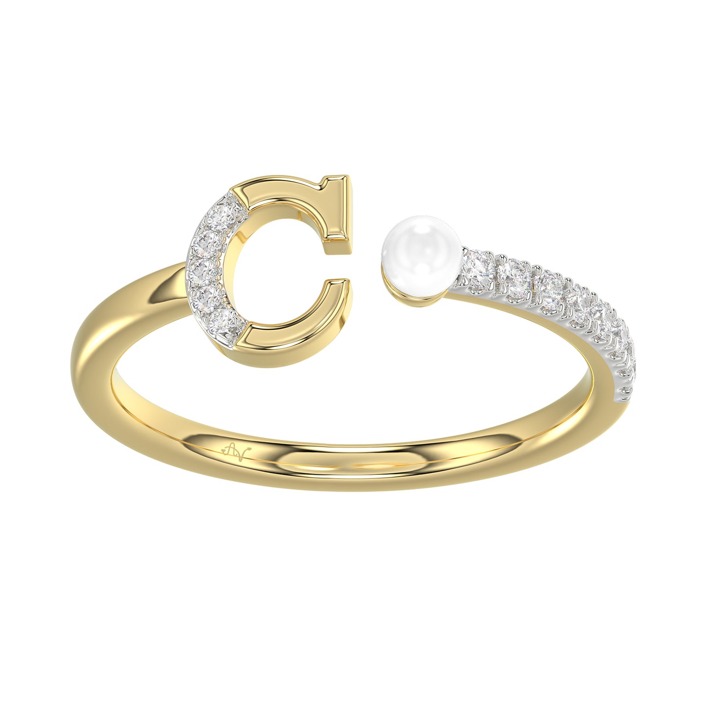 Women’S 10K Yellow Gold Letter “C” Diamond & Pearl Ring 0.10Ct Round Diamond Fine Jewelry