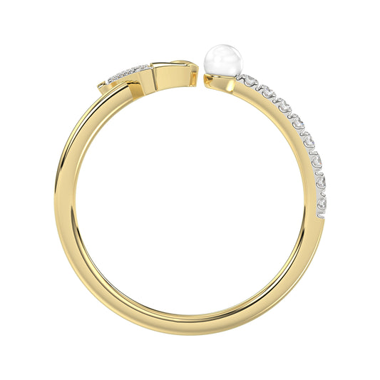Women’S 10K Yellow Gold Letter “V” Diamond & Pearl Ring 0.10Ct Round Diamond Fine Jewelry