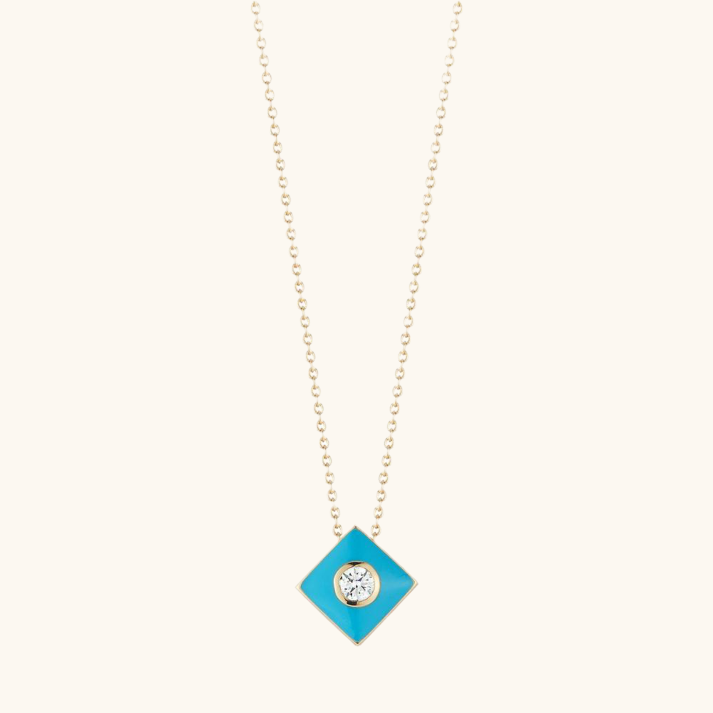 Turquoise Enamel with One Diamond Bezel Necklace