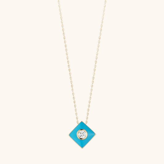 Turquoise Enamel with One Diamond Bezel Necklace