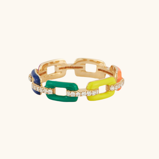 Rainbow Enamel and Diamond Link Ring
