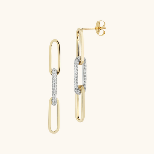 Paperclip Drop Link Diamond Earrings 14K