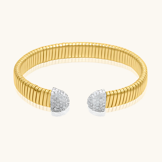 Gold Thick Bangle with Diamond End Caps 14K