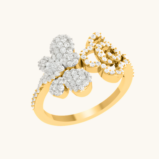 Two-Tone Diamond Flower & Butterfly Ring 14K