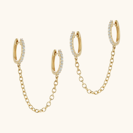 Double Pierced with Thick Chain Diamond Huggie Earrings