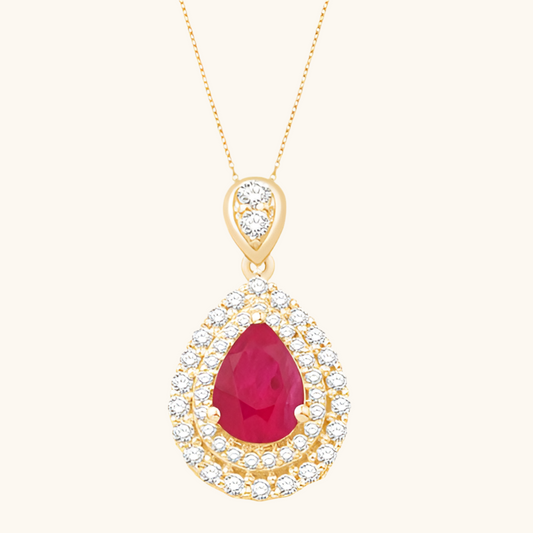 Yellow Gold Diamond & Ruby Pear Necklace 14K